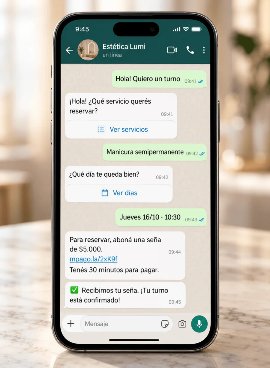 Conversación de WhatsApp: una clienta reserva un turno de manicura y paga la seña