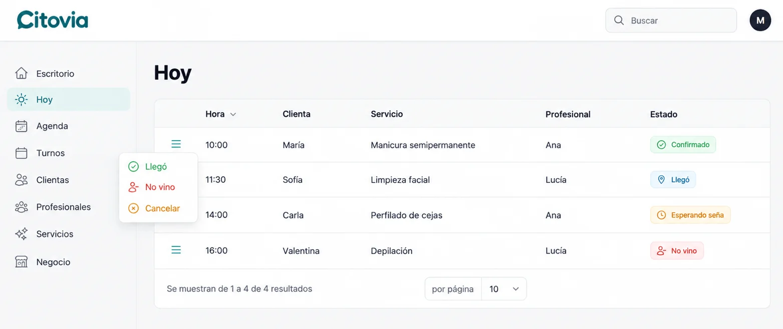 Panel de Citovia: turnos del día con su estado y el menú de acciones Llegó, No vino y Cancelar